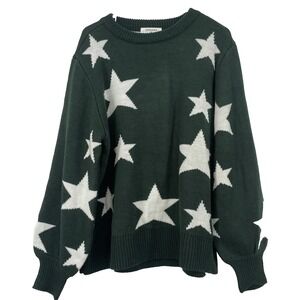 ZENANA Size XL Large Star Printed Crewneck Sweater Pullover Green Balloon Sleeve